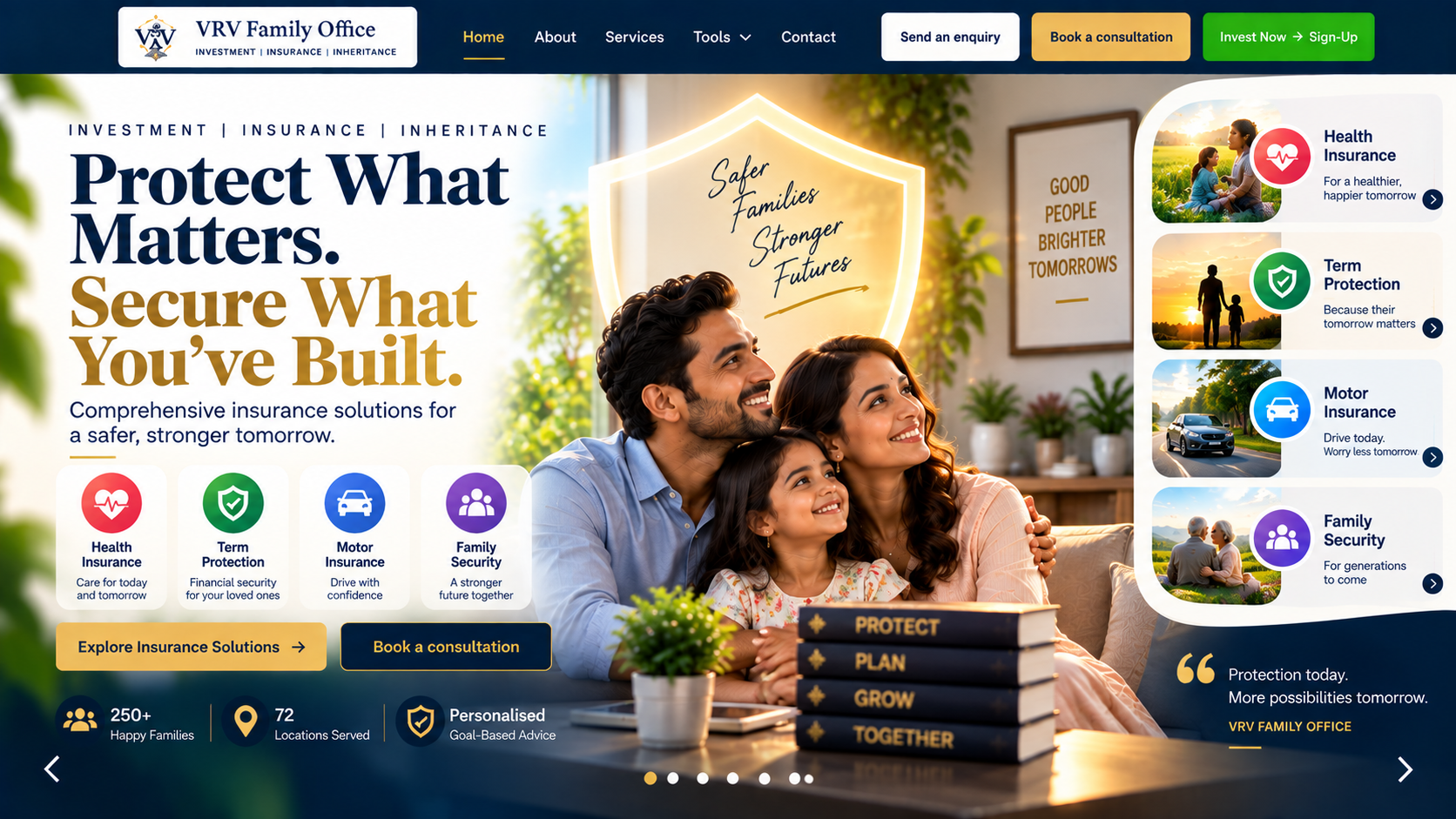 VRV Family Office protection artwork with an Indian family and health, term, motor and family insurance solutions