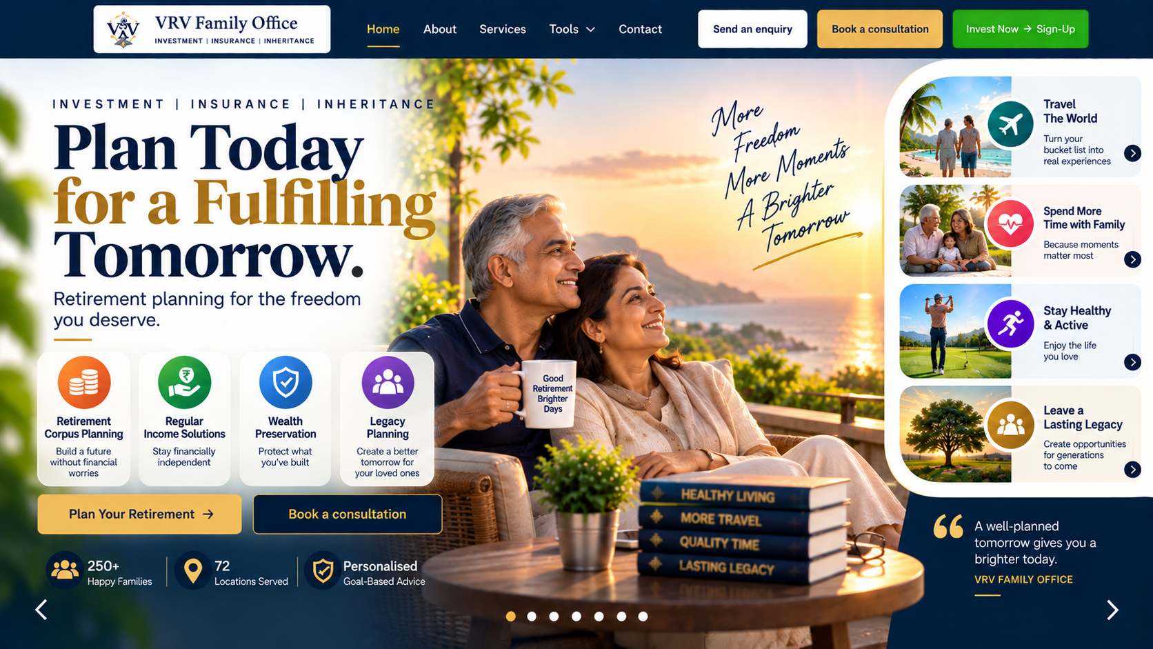 VRV Family Office retirement artwork with an older Indian couple, retirement solutions and lifestyle goals