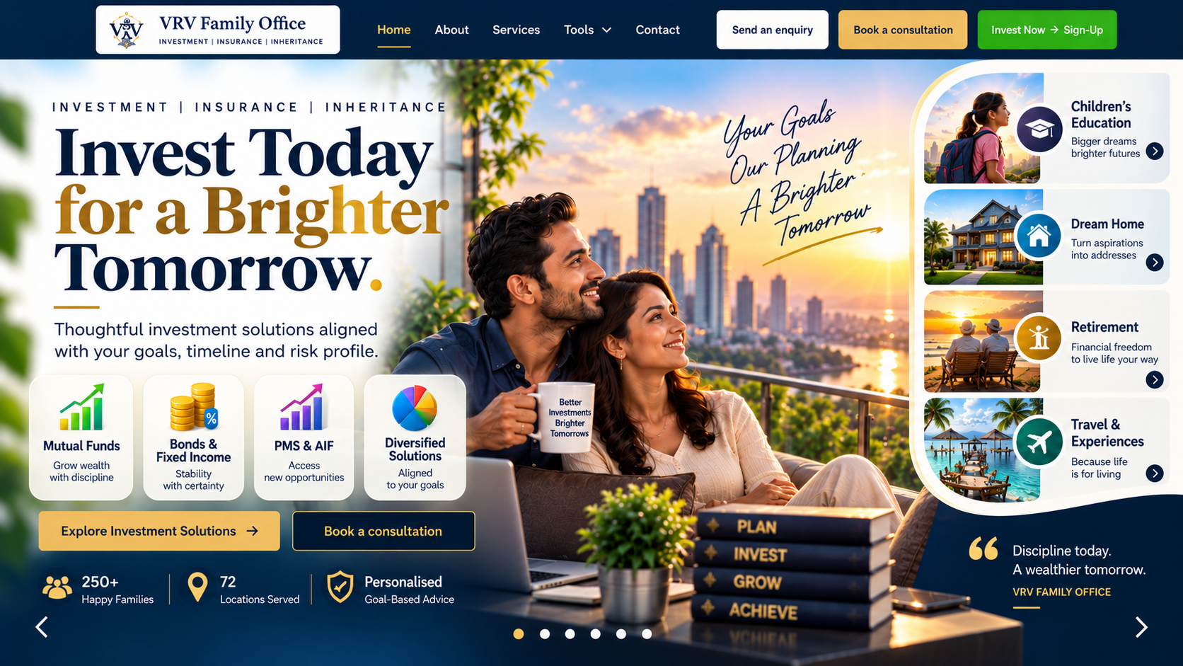 VRV Family Office investment planning artwork with an Indian couple, investment solutions and life goals