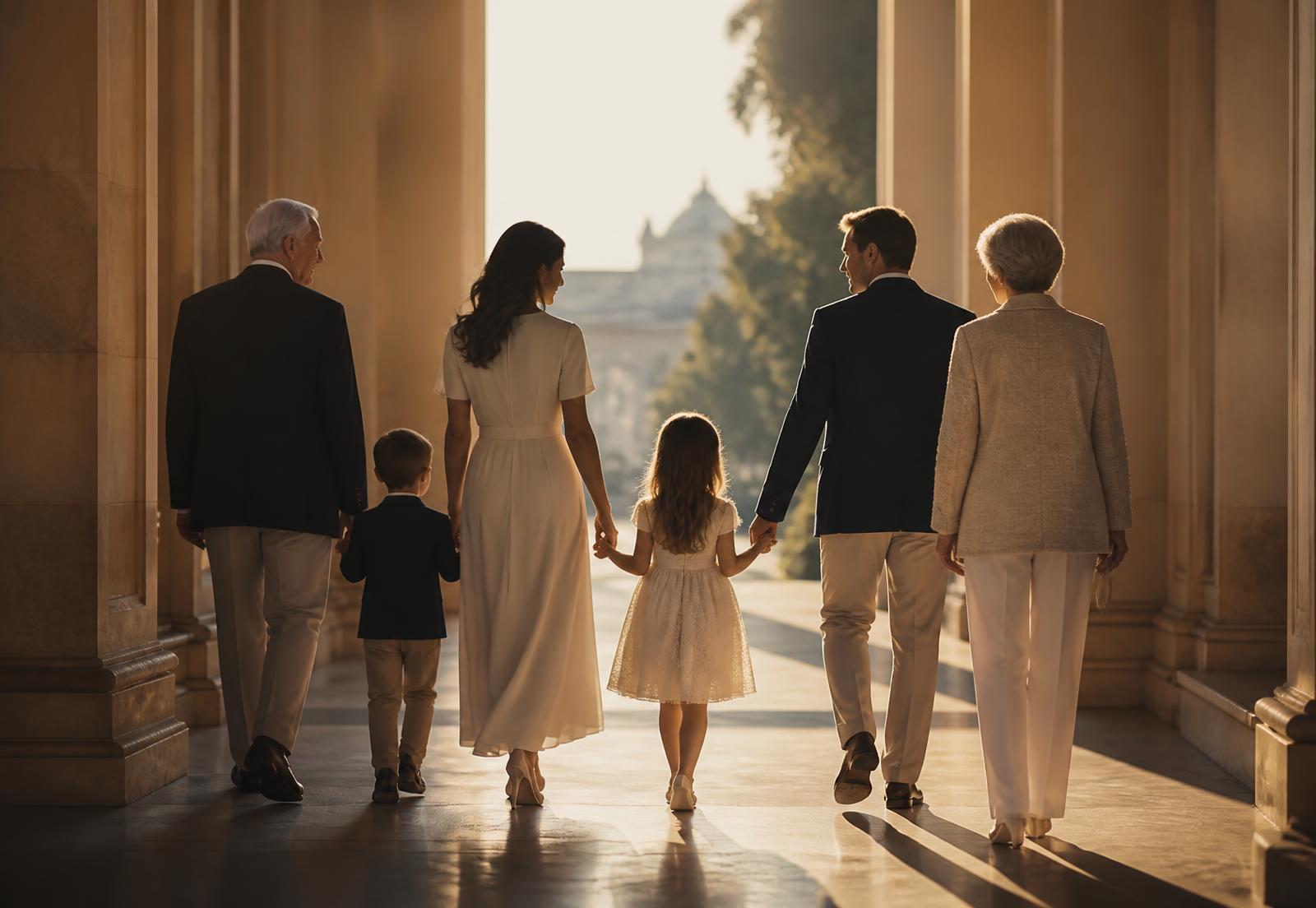 Three generations of a family walking together through a sunlit colonnade