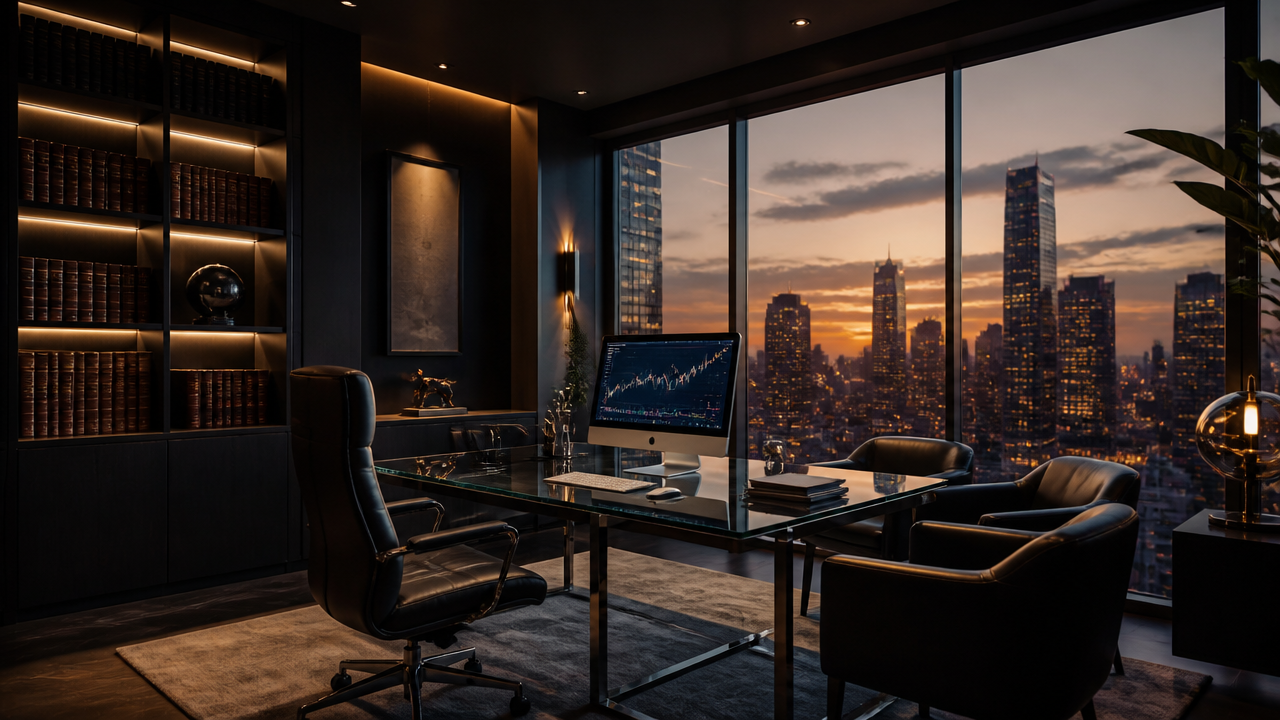 VRV Family Office office overlooking the city skyline at dusk