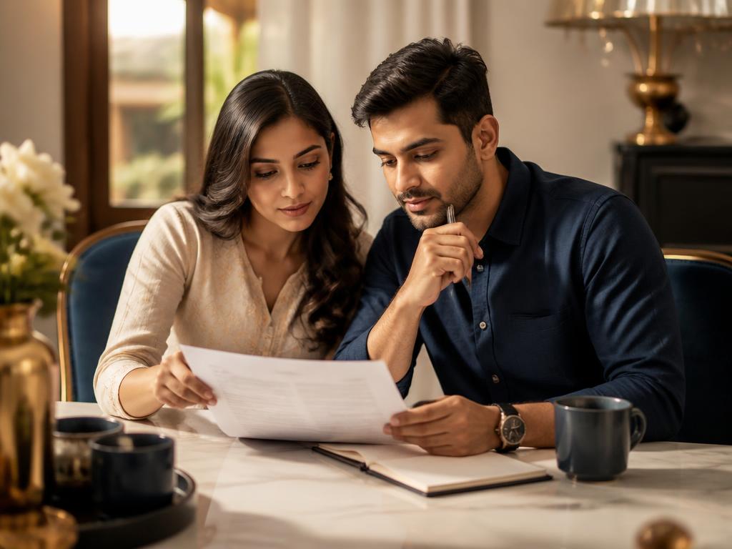 Young Indian couple reviewing a financial plan together at home