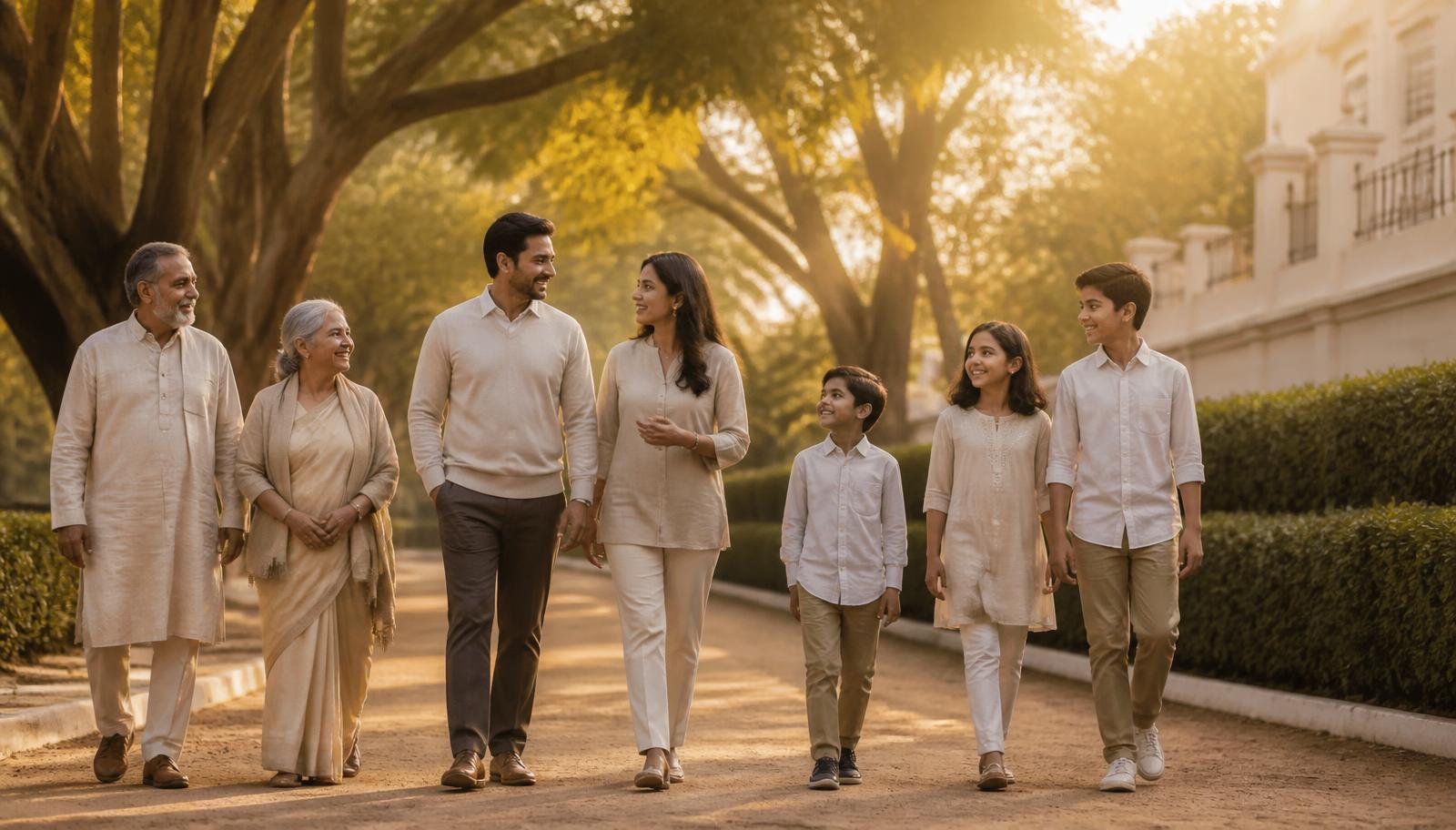 Multi-generational Indian family walking together in warm evening light