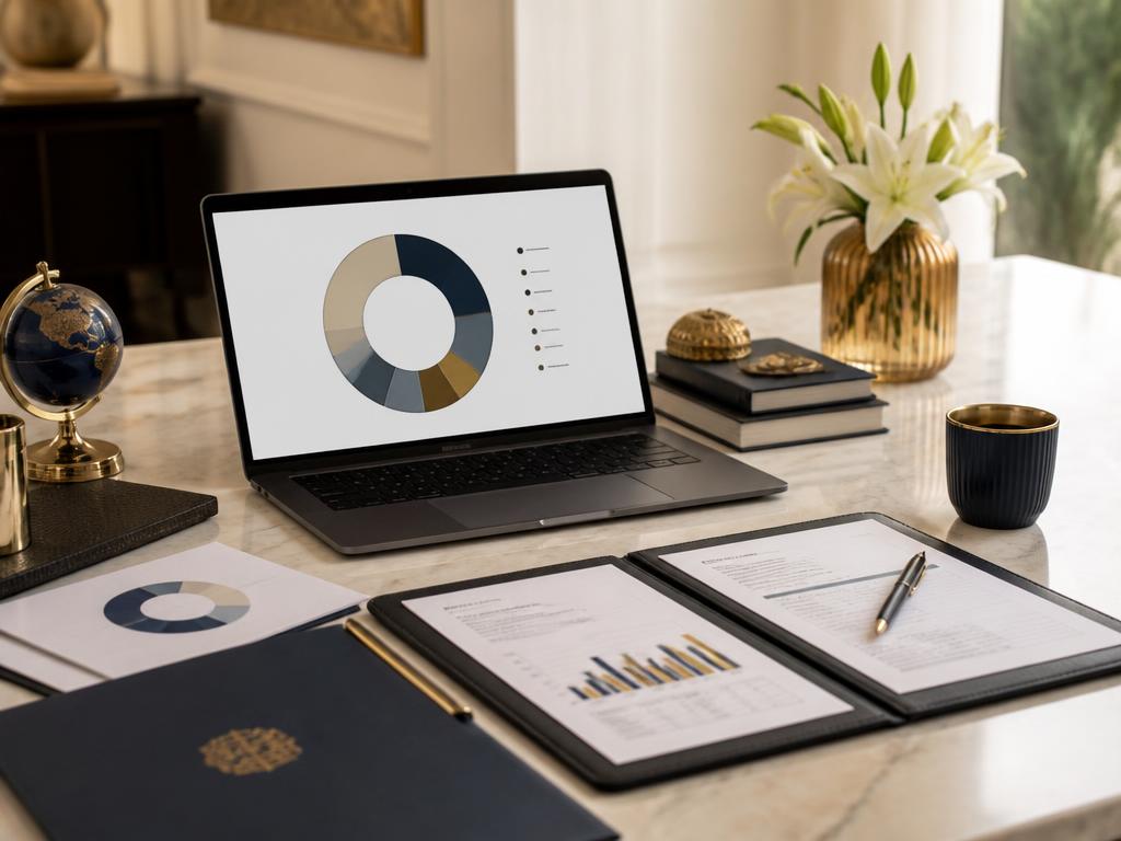 Premium financial planning desk with portfolio documents and allocation chart