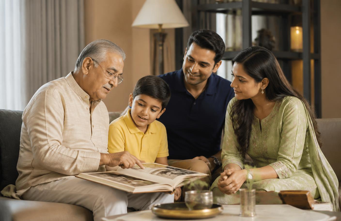 Indian grandfather sharing a family album with his grandson and family
