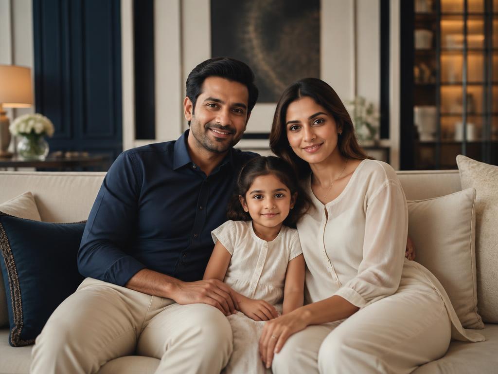 Indian family together in a secure, warm contemporary living room