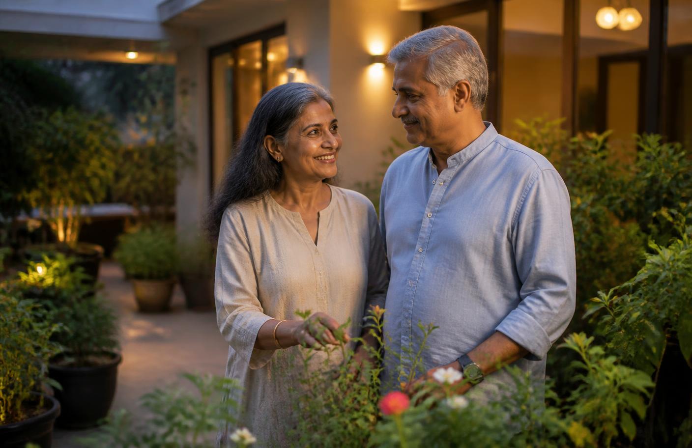 Indian couple enjoying an active, independent retirement at home